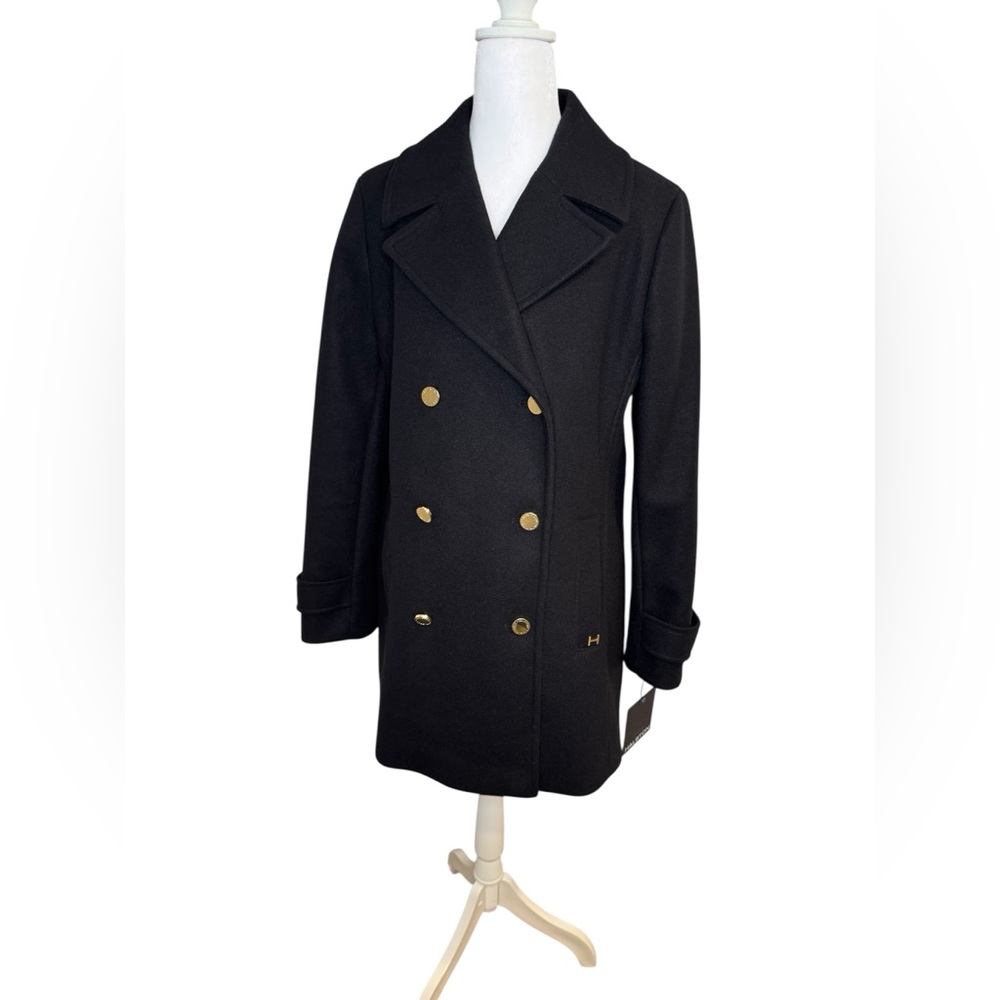 NWT Halston Black Double Breasted Pea Coat Gold Crest Buttons Size M